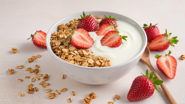 Healthy breakfast bowl with yogurt, granola and fresh strawberries on white table. Natural and nutritious food concept. Light morning meal.