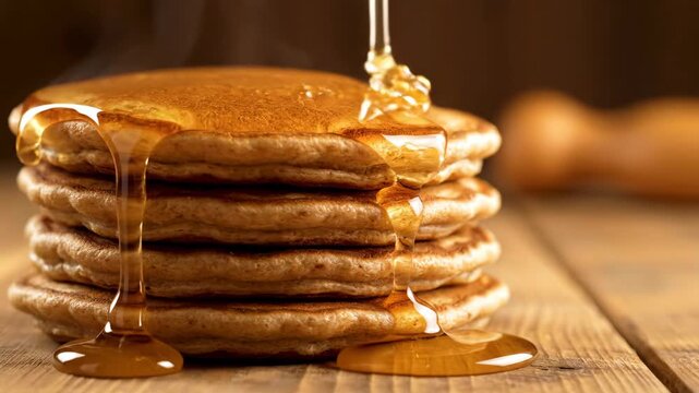 Pancakes stack with syrup poured on top on a wooden table.