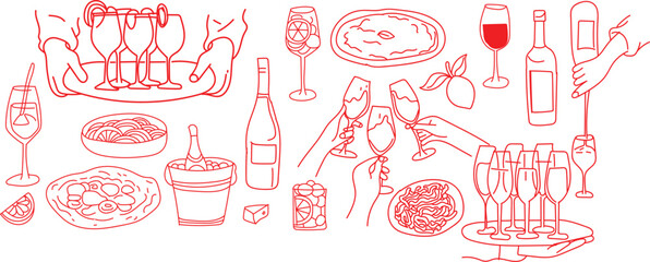 Elegant pink line art celebration with wine and champagne © Creative_Rasma
