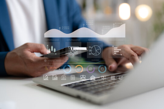 Businessman working analyst with business analytics and data management system. Corporate strategy for finance, operations, sales and marketing, make report with KPI and metrics connected to database.