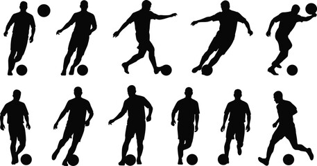 Vector collection of black soccer player silhouettes in action poses, kicking and dribbling the ball, isolated on white background for sports design.