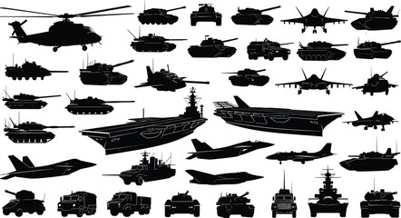 Vector set of military vehicle silhouettes, including army tanks, fighter jets, helicopters, navy ships, and armored trucks, isolated on white for war design concepts.