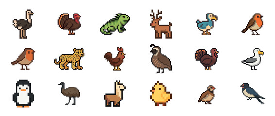 Naklejka premium Collection of pixel art animals: birds, mammals, and reptiles in retro style