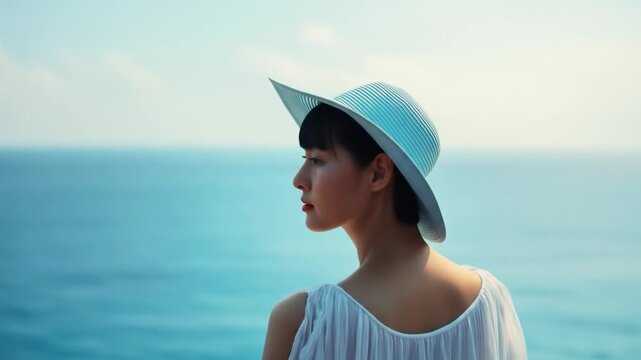 Woman in white dress and hat gazes at ocean view. Soft focus with sky and sea