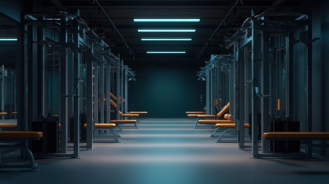 Modern Gym Interior with Fitness Equipment, Empty Rows of Gym Machines, Bright Lighting, and Clean Design for Fitness and Workout Enthusiasts