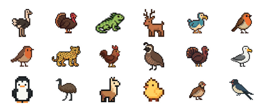 Collection of pixel art animals: birds, mammals, and reptiles in retro style