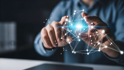 Man interacting with digital network connection representing future technology and innovation