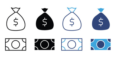 Money bag and banknote icon set. vector illustration