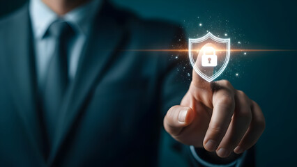 Businessman touches digital shield with padlock security and data protection concept