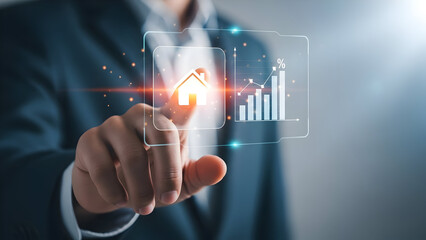 Businessman interacting with a digital growth chart and house icon interface
