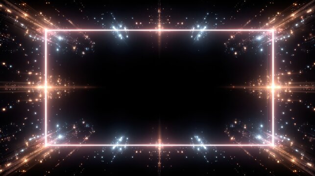 Glowing neon rectangle frame with sparkling light particles creating an abstract cosmic digital background effect.