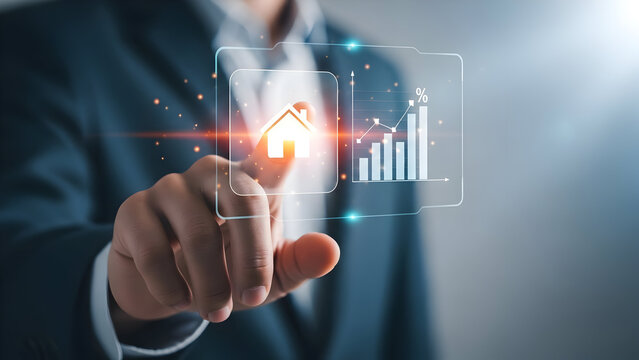 Businessman interacting with a digital growth chart and house icon interface