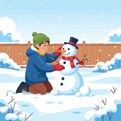 Delightful winter scene of child building snowman with carrot nose