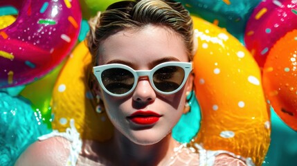 Bright and cheerful scene of a young woman relaxing in a swimming pool. She wears stylish sunglasses and bright red lipstick while floating among colorful donut shaped pool floaties.