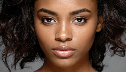 A close-up portrait of a woman with dark skin and curly black hair, looking directly at the viewer. Soft focus background