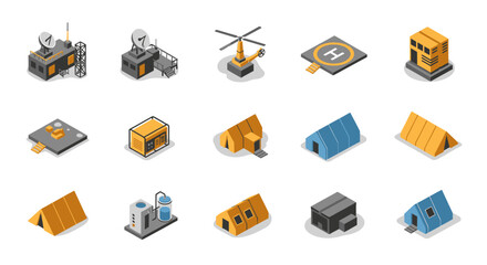 Isometric Military Base Elements - Buildings, Tents, and Equipment.