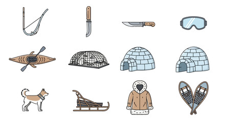 Hand Drawn Set of Inuit and Eskimo Cultural Icons.