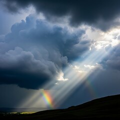 Dramatic storm clouds with powerful sun rays breaking through, illuminating a vibrant rainbow over rolling hills.