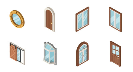 Isometric collection of various doors and windows for architectural design.