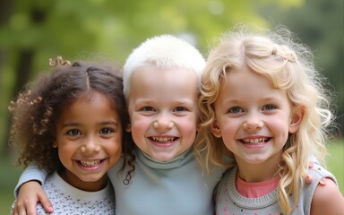Diverse children smiling together outdoors International Albinism Awareness Day. High quality