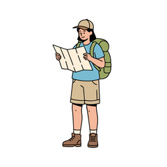 Man Traveler Wearing Backpack and Hiking Boots Holding Map Planning Adventure Outdoors