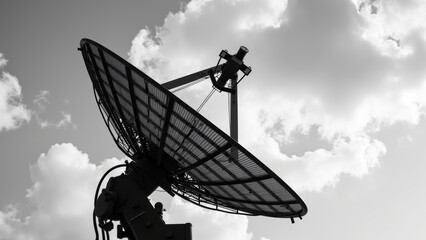 Large satellite dish stands against cloudy sky, showcasing its intricate design and structure. image captures essence of communication technology