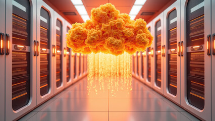 Vibrant cloud of orange data floats above modern server room, showcasing advanced technology and digital innovation