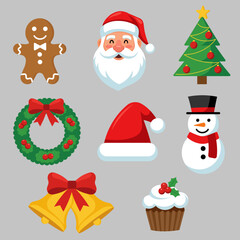 Set of flat Christmas holiday characters and festive icons