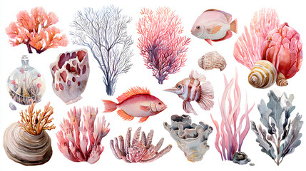 Marine set with corals, sea plants, sea sponges, shells and fishes. Watercolor isolated illustration of hand-drawn decorative elements for your design, collection of marine flora and fauna