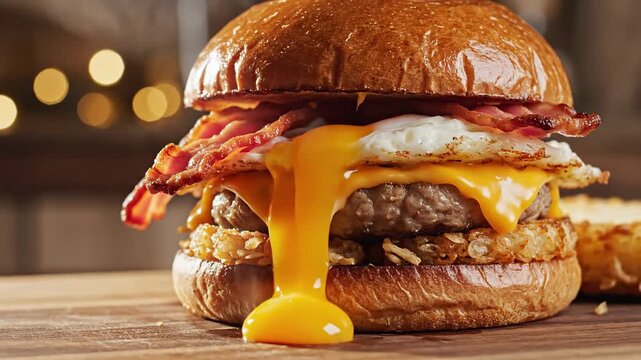 Slow motion video of a gourmet breakfast burger with a runny egg yolk dripping down on a wooden table.
