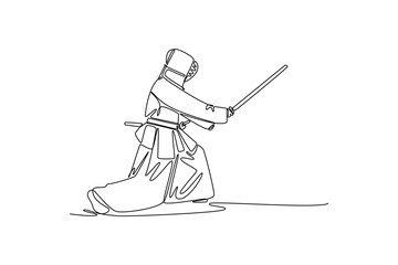 Single one line drawing side view of man Kendo athlete crouching in low, deep stance, delivering horizontal strike with a bamboo sword (shinai). Continuous line draw design graphic vector illustration