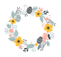 Decorative easter wreath with flowers and painted eggs in a charming folk art style illustration for a festive spring holiday celebration, featuring pastel colors and botanical elements