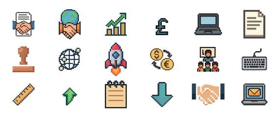 Pixel art icons of business and technology concepts