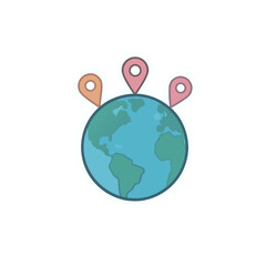 Minimalist 2d vector art sticker of a globe with three location pins on a transparent background