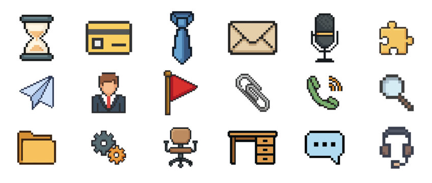 Collection of pixel art office icons including hourglass, credit card, tie, envelope, microphone, and puzzle piece - Powered by Adobe