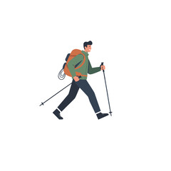 Fototapeta premium Minimalist Flat Design of a Hiker with a Large Orange Backpack Walking on a Rocky Trail Wearing Trekking Outfit and Holding Poles