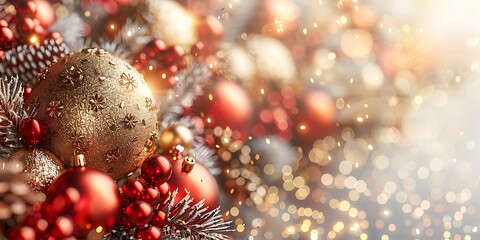 Panoramic Christmas Baubles And Pine Cones With Bokeh Lights