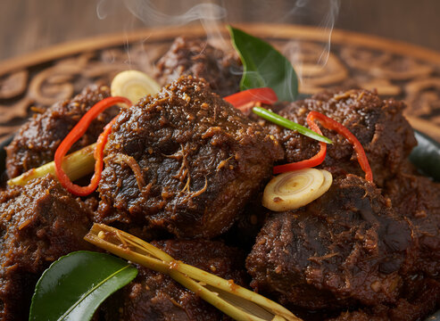 Rendang Minang &ndash; Traditional West Sumatran Spiced Coconut Beef Stew with Aromatic Garnishes
