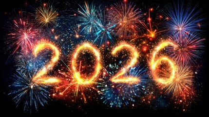 Fireworks burst into the night sky brightly illuminating the numbers 2026. Colorful sparks and patterns create a joyful atmosphere as people celebrate the arrival of the new year.