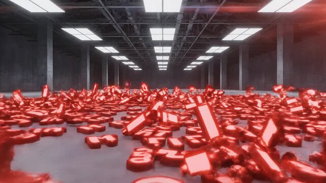 Digital numbers floating and scattered across a concrete floor within an industrial building with fluorescent lighting overhead The scene shows a large quantity of illuminated digits suspended in the