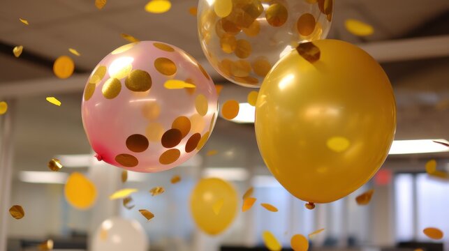 Bright balloons in pink and gold float in an office surrounded by golden confetti. The joyful atmosphere suggests a celebration taking place in the afternoon. - Powered by Adobe