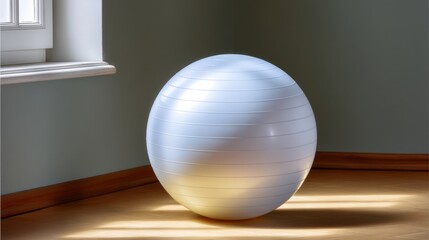 Indoor exercise equipment, fitness ball in a sunlit room with soft shadows and wood floor, promoting health and well-being activities for various workouts