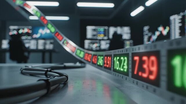 Financial data displays with headphones in a dark control room showing numerical values and graphs stock market analysis business technology digital information