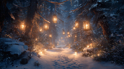Enchanting winter forest path illuminated by glowing lanterns, creating a magical atmosphere