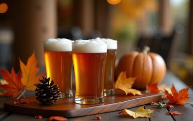 Autumn beer celebration at a rustic venue with cozy decor and harvest elements. High quality