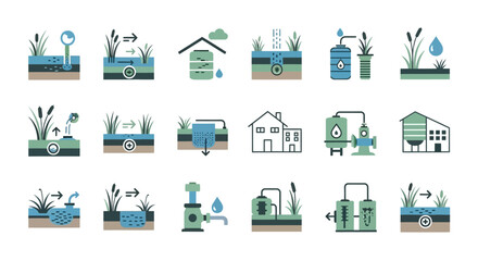 Wastewater Treatment Systems - A Collection of Illustrated Icons.