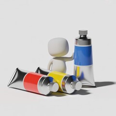 Minimalist 3d render tiny figure plays with paint tubes yellow red blue