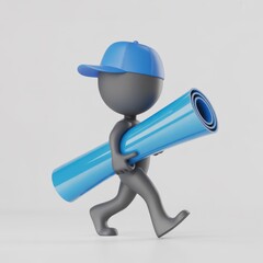 3d render of a stylized figure in a blue cap carrying a large blue blueprint roll