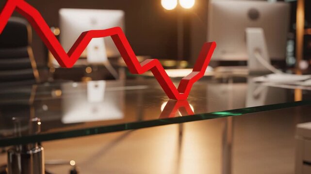 Red graph showing downward trend resting on a glass desk in an office setting with computer monitors and chair visible in the background