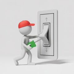 Minimalist 3d figurine in red cap adjusting a light switch in bright room